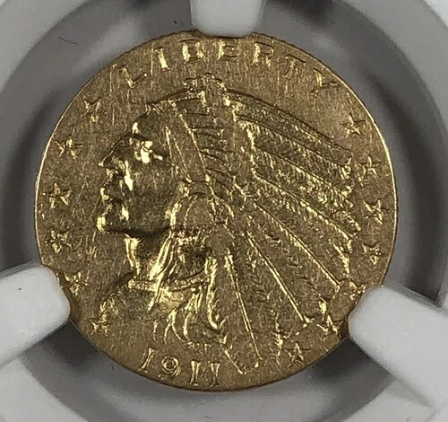 1911年インディアン2.5ドルクォーターイーグル。NGC AU50