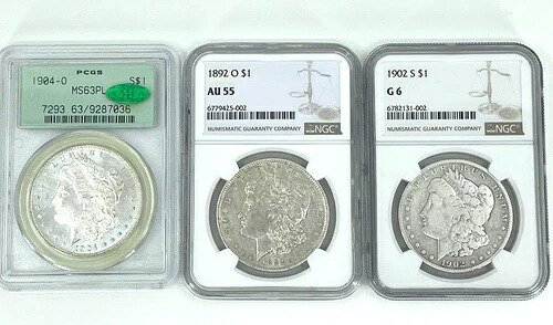 1904-O PCGS MS 63PL CAC、1892-O NGC AU 55、1902-S NGC G6 モルガンシルバー