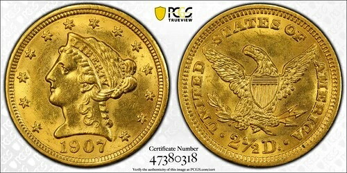 1907年 P $2.50 ゴールド リバティ PCGS MS-61