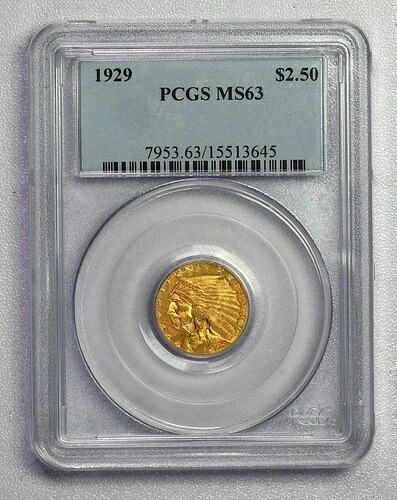 1929 年インディアン ゴールド クォーター イーグル $2.50 コイン PCGS グレード MS63 送料無料!!