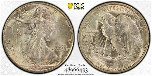 1941-S ウォーキング・リバティ・ハーフ PCGS MS66 素晴らしい外観 ナイスストライク オリジナル
