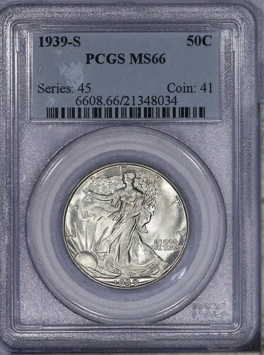 1939-S ウォーキング・リバティ・ハーフダラー 50セント PCGS MS66 オールドホルダー