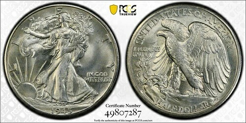 1945-D PCGS MS67 ウォーキング・リバティ・ハーフダラー 素晴らしい目を引くゴールドシールド