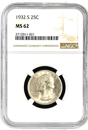 1932年 S 25C ワシントン銀貨 25セント MS62 NGC - #69