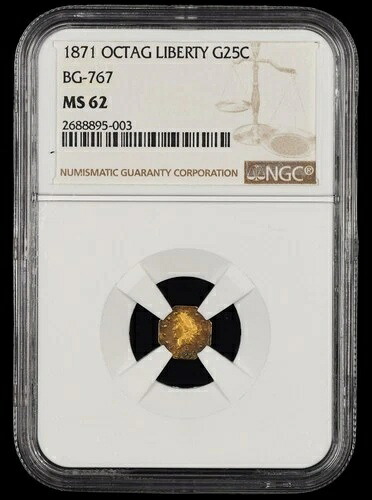 1871年 カリフォルニアゴールド 25セント 八角形リバティ BG-767 NGC MS62 トーン 154,000円