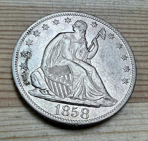 1858年 O シーテッド リバティ ハーフ ドル アンティーク 90% シルバー コレクターズコイン AU / UNC *
