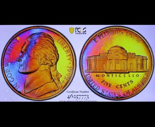 1992 S ジェファーソン ニッケル PF68DCAM ネオンクロマティック デュエルトーン ジェム FS PCGS GS PQ+