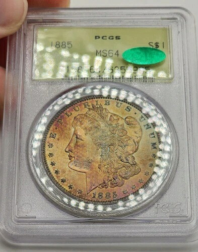 1885年 モルガン銀貨 PCGS MS64 CAC OGH レインボーサンセットトーン テキスタイルトーニング