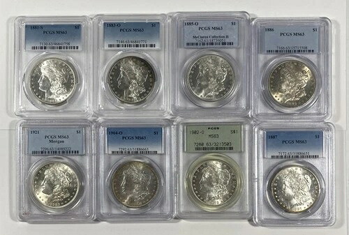 1881-1921年モルガン・ダラー8枚セット。P、S、O造幣局発行。PCGS MS 63。