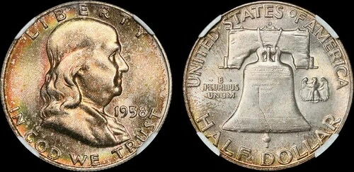 1958年 D フランクリン ハーフ NGC MS67 FBL レインボートーン