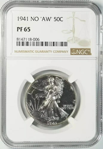 1941年 プルーフ ウォーキング リバティ ハーフ ドル 50セント NGC認定 PF 65 ノー「AW」 (006)