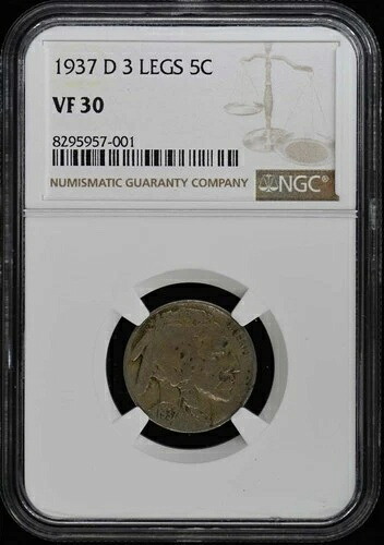 1937-D 3本脚 バッファローニッケル タイプ2 5C NGC VF30