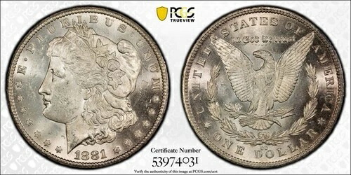 1881-CC $1 MS63 モルガン銀貨 - PCGS ゴールドシールド - ANACS 写真グレード PQ