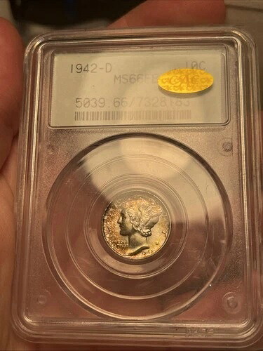 トーン付き 1942-D MS66FB PCGS ゴールド CAC マーキュリーダイム