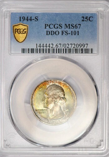 1944年 S トーン ワシントン クォーター DDO FS-101 PCGS MS67 トーン シルバー コイン 25セント