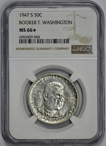 1947-S ブッカーTワシントン銀貨50セントハーフドル NGC MS 66* プルーフのように見える