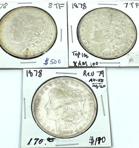 3枚 ----1878年モルガン銀貨- 1878-8TF ダイブレイク、1878 7TF、1878 Rev 79