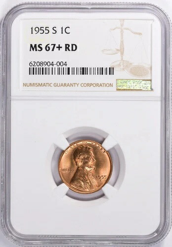 1955-S 1C MS67+ レッドリンカーンセント、ウィートリバース NGC認定 非常に希少