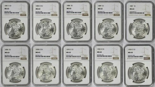 ロット10 異なる日付のモルガン・ダラー $1 MS 63 NGC 10 コイン