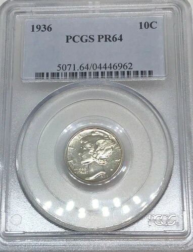 1936年 10セント PCGS PR64 - マーキュリーダイム - 希少、初年度プルーフ