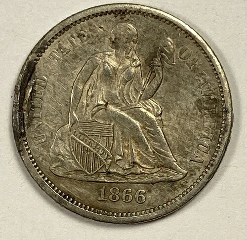 1866-S シーティング・リバティ・ダイム .10。ほぼ新品。希??少。縁にダメージあり。