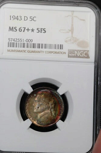 1943年 D ジェファーソンニッケル NGC MS67 + * 5FS トーン *ダブルJコイン* JL1100-21