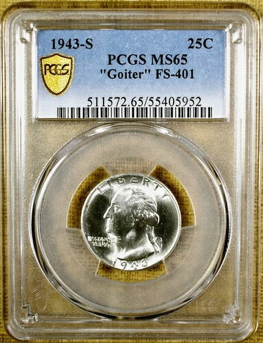 1943-S PCGS MS65 FS-401 ゴイター・ワシントン・クォーター - 100% 輝かしい白