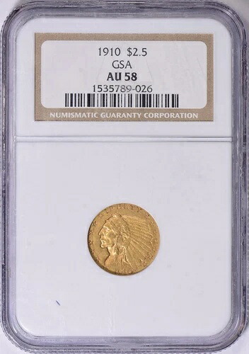 1910年 インディアンヘッド 2.5ドル クォーターイーグルゴールド NGC AU58 GSA