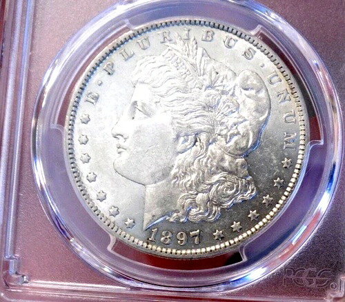 モーガン シルバードル 1897 O PCGS AU 55+++ 非常に素晴らしい希少な日付 フロスティ セミPL RE