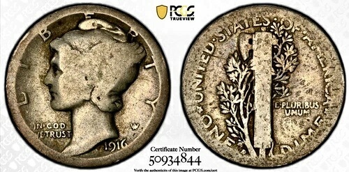 1916 D マーキュリー ダイム PCGS AG3 ゴールド シールド キー デート - 希少!