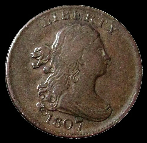 1807年 銅製ドレープ胸像ハーフセント硬貨 非常に良好な状態
