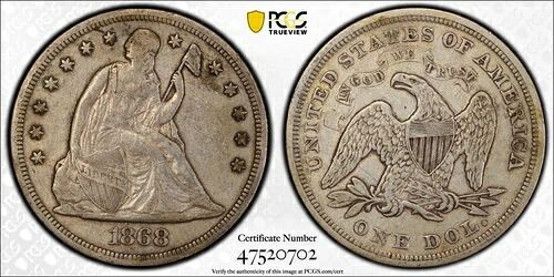 1868年 着席リバティドル 1ドル PCGS VF 詳細スクラッチ 2895