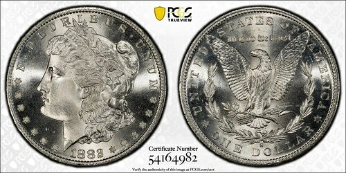 1882-S モルガン銀貨、MS67、PCGSゴールドシールド（10586）