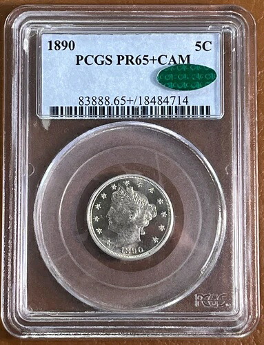 1890年 プルーフ リバティ V ニッケル 5C PCGS & CAC PR65+ カム-カメオプラス グリーンステッカー-