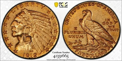 1912年 S $5 5ドル インディアンヘッド ゴールド ハーフイーグル PCGS AU 50