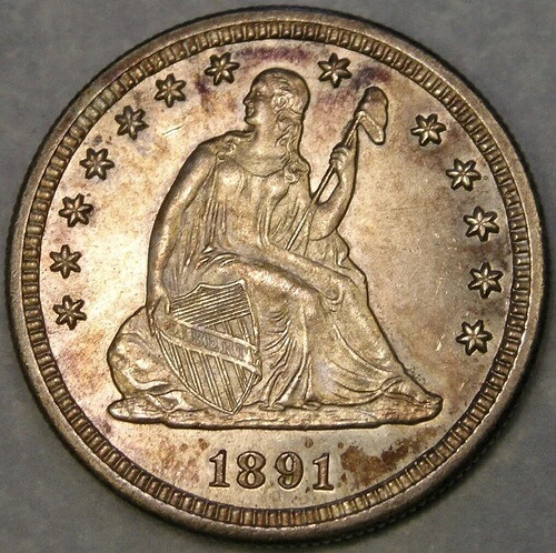 1891年 自由の女神像 銀貨25セント硬貨 美しいドレープと羽根飾り付き