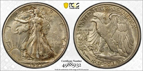 1927-S ウォーキング・リバティ・シルバー・ハーフ 50セント PCGS ほぼ未流通 55 AU 55 ウォーカー