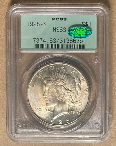 1928-S PCGS & CAC MS63 ピースダラー $1 - OGH - オールドグリーンホルダー