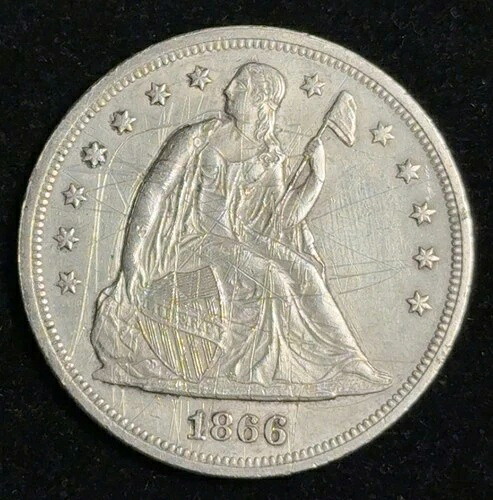 1866年製、着席型リバティドル。希少な日付、AU/UNC、細部に深い傷あり。お手頃価格