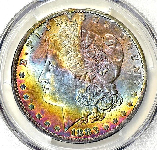 1883-O モンスターレインボーモルガンドル PCGS MS64 ホットピンク マゼンタ スカイブルーカラー