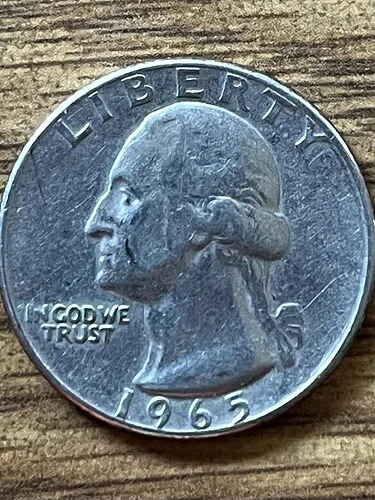 1965年クォーター硬貨（文字の誤りがあり、ミントマークがない）