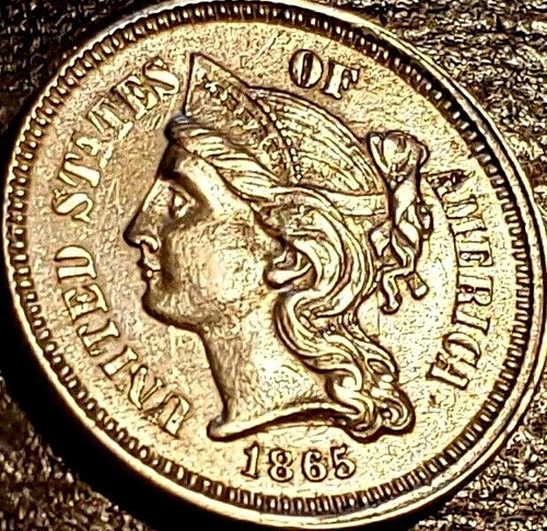 1865年 3セントニッケル、3c、光沢のあるAU/UNC。細部、見本を除く