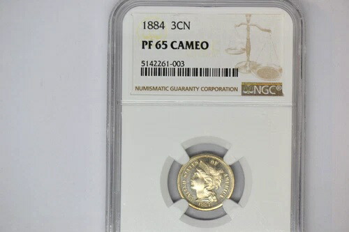 1884年 3セントニッケル-NGC PF-65 カメオ 素晴らしいレアな日付。-