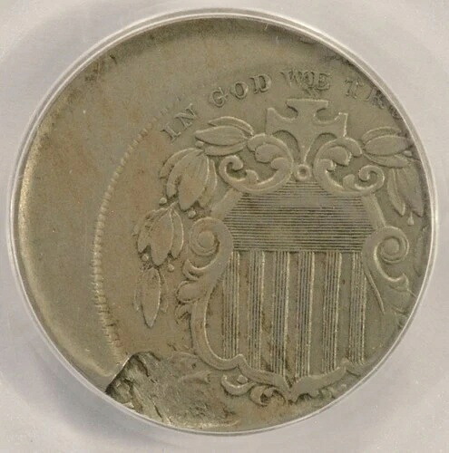 PCGS 5セント（1867-1883年）シールドニッケル、20%オフセンター＆ラミネーションAU55