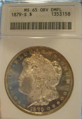 1879年 S モーガン銀貨 - オールドファッティ ANACS MS 65 DMPL 表面、リバーストーニング 4108