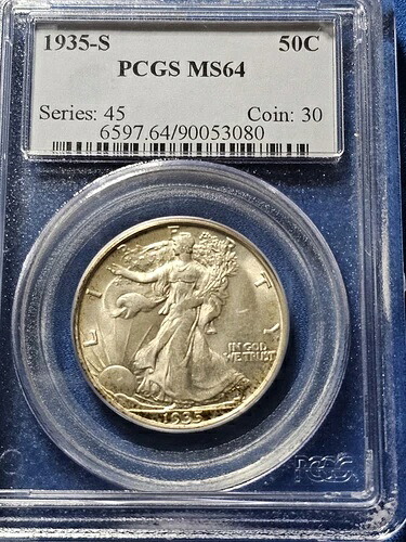 1935-S ウォーキング・リバティ・ハーフダラー 50セント PCGS MS64。入手困難な年代！