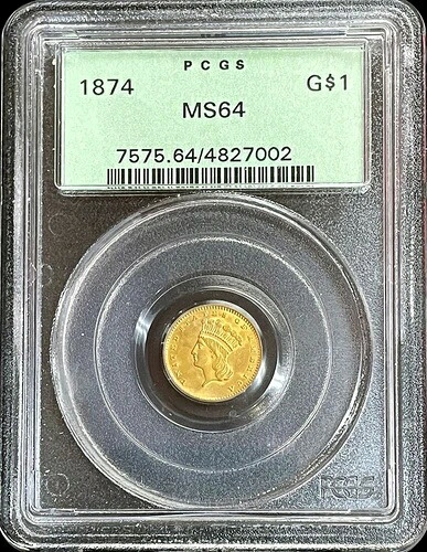 1874年 金貨 1ドル インディアンヘッドコイン PCGS ミントステート 64 OGH PQ 235,125円