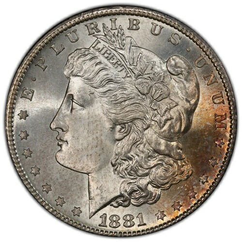 1881-S 1ドル モルガン・ダラー PCGS MS67 - ブラストホワイトジェム、周辺部に軽い変色あり