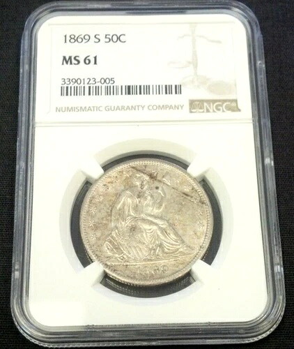 1869-S 自由の女神像 銀貨 ハーフサイズ 50セント NGC MS61。2025年5月5日値下げ (2240)