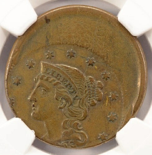 (1839-1857) 1セント 編み込みヘア ラージセント 35% オフセンター NGC AU 詳細
